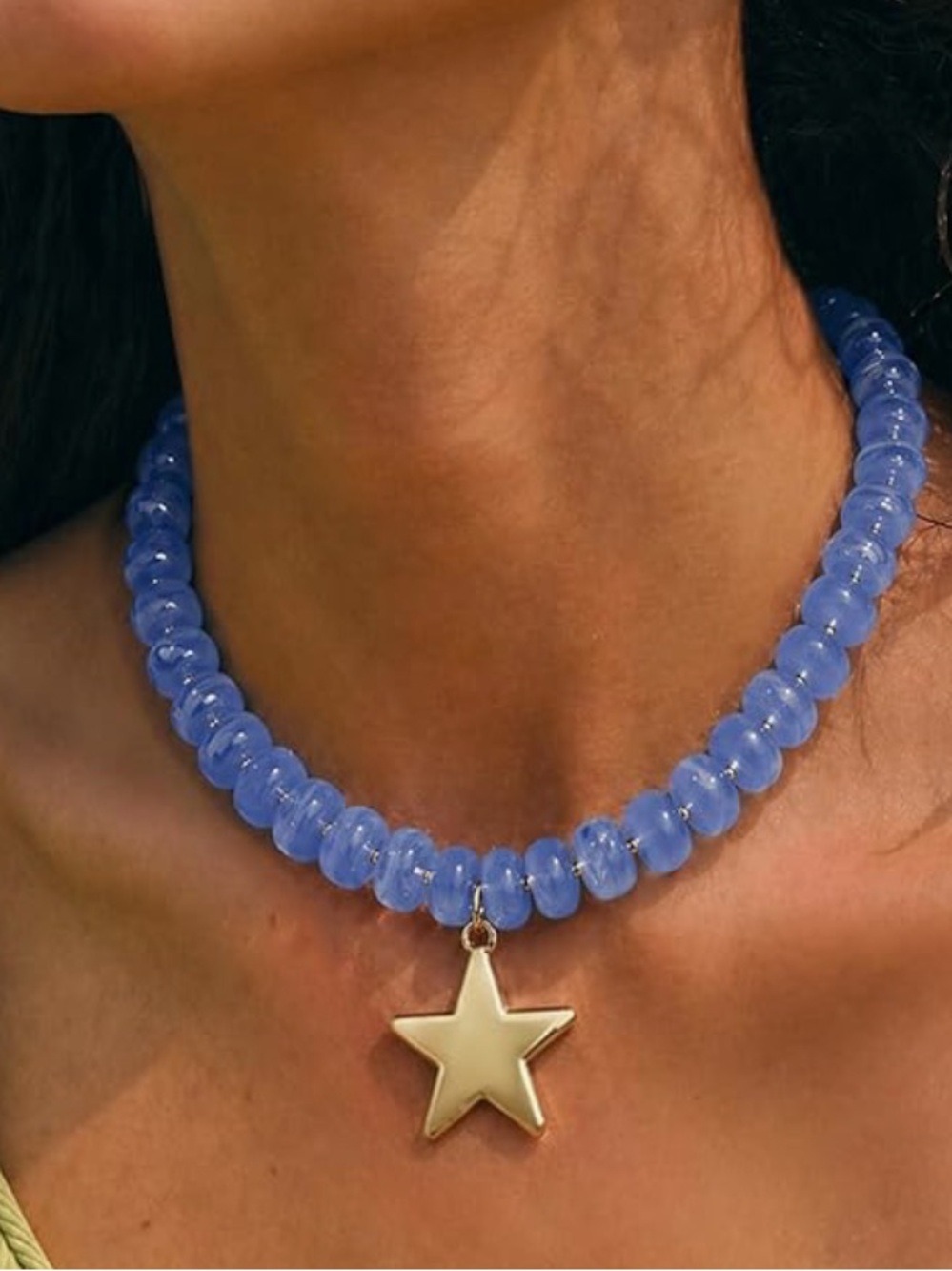 Blue Beaded Necklace with Gold Star Charm